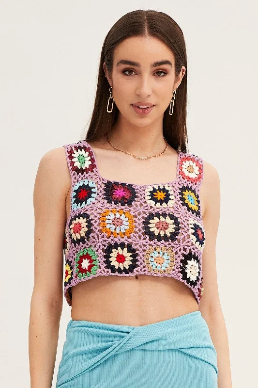 Multi Crochet Top Crop Square Neck