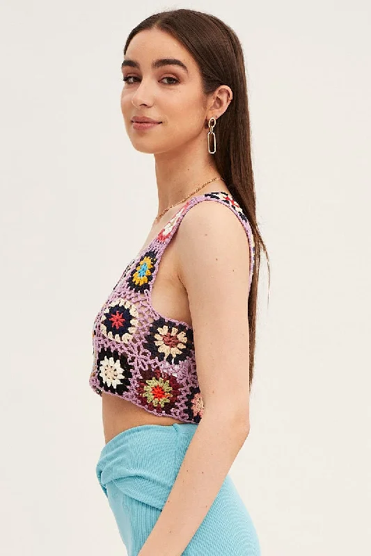 Multi Crochet Top Crop Square Neck