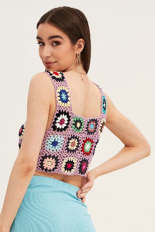 Multi Crochet Top Crop Square Neck