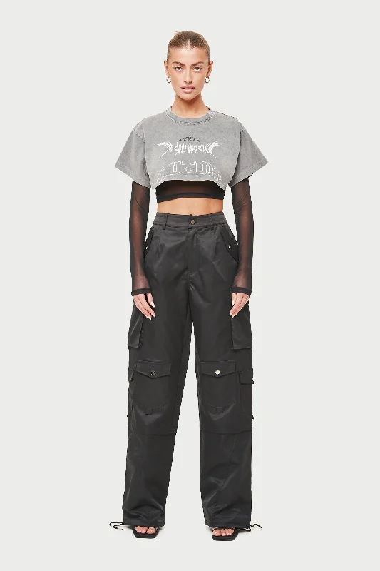 OVERSIZED TIE HEM CARGO PANTS - BLACK