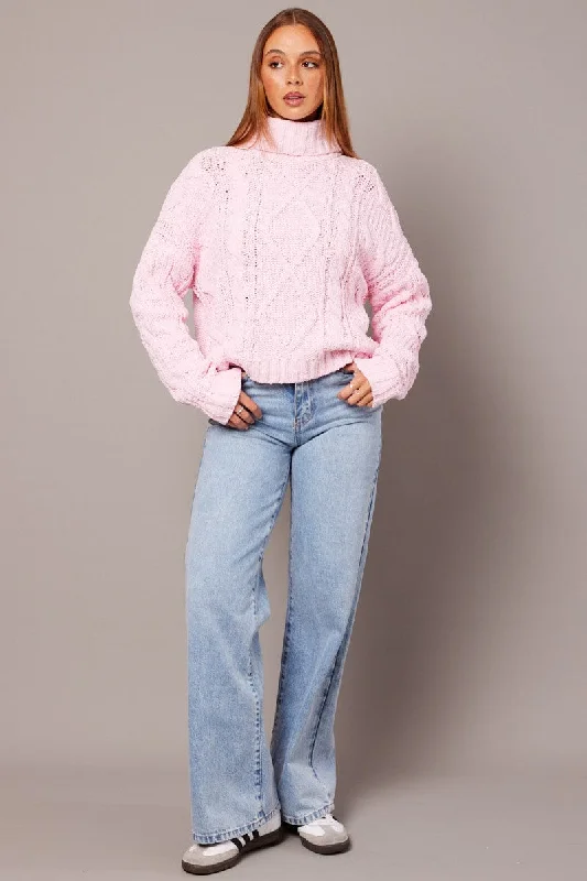 Pink Cable Knit Jumper High Neck