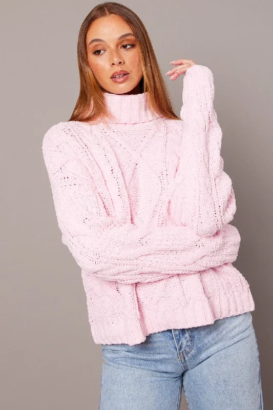 Pink Cable Knit Jumper High Neck