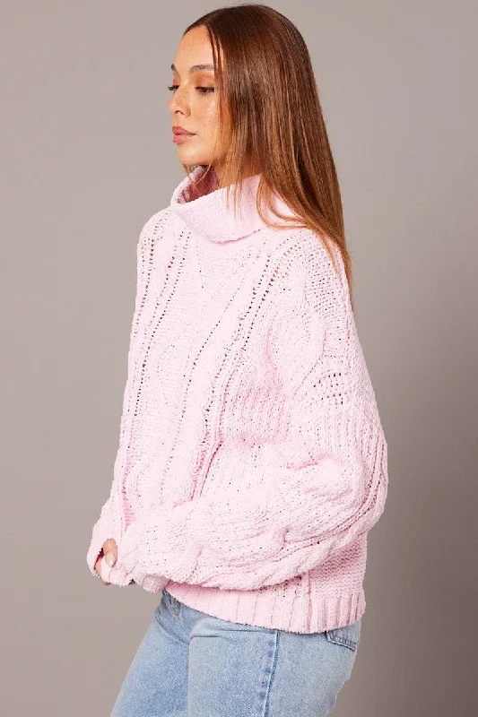 Pink Cable Knit Jumper High Neck