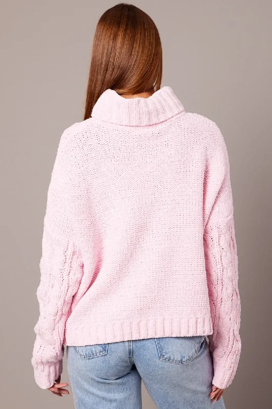 Pink Cable Knit Jumper High Neck