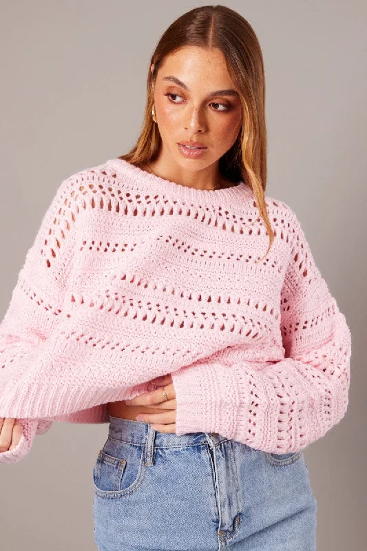 Pink Crochet Jumper Long Sleeve Crew Neck