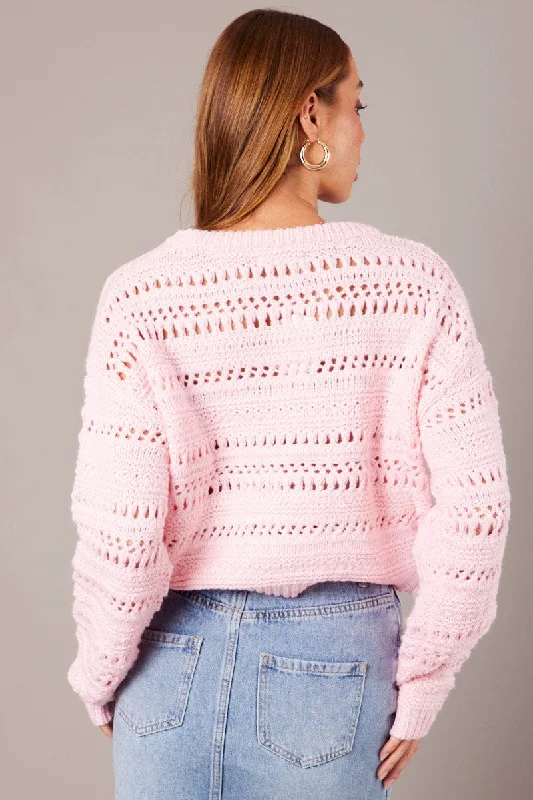 Pink Crochet Jumper Long Sleeve Crew Neck