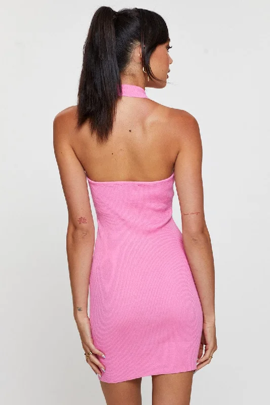 Pink Dress Sleeveless Mini Halter Neck Knit