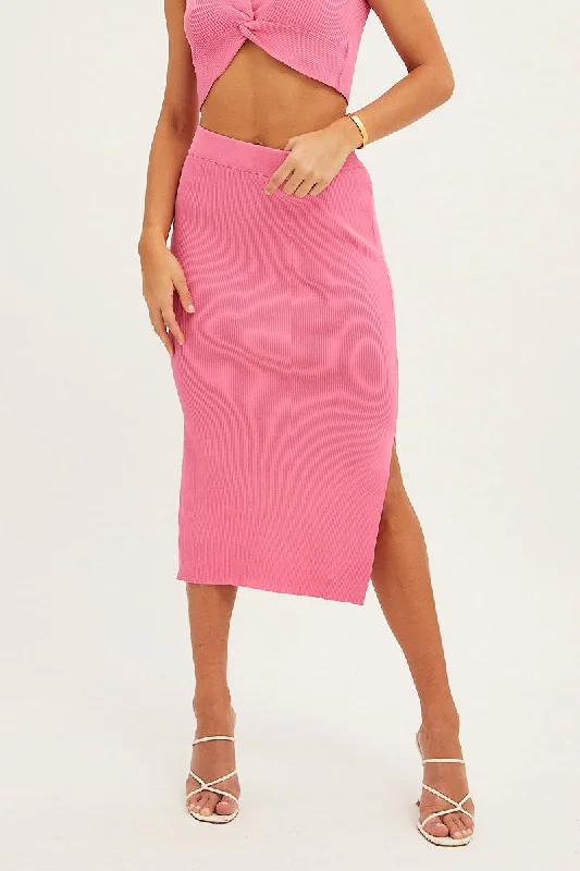 Pink Knit Skirt Midi Elastic Waist