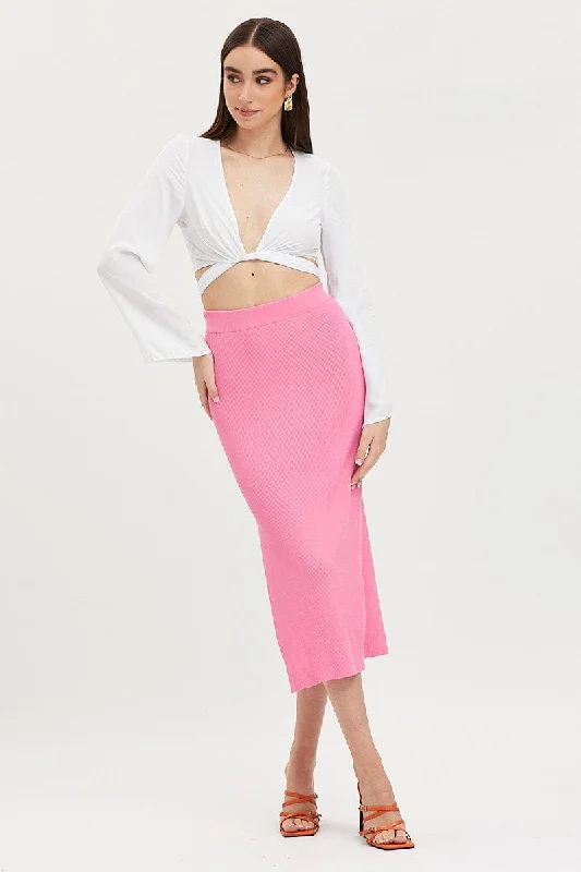 Pink Knit Skirt Midi Side Split