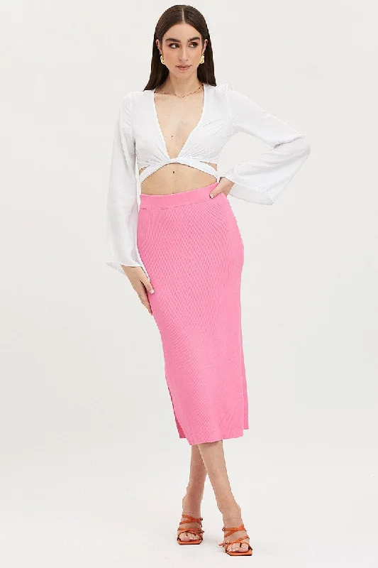 Pink Knit Skirt Midi Side Split