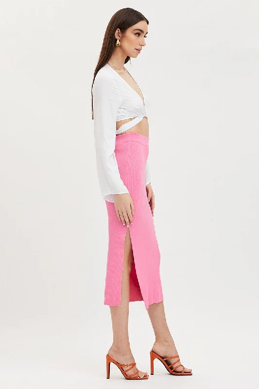 Pink Knit Skirt Midi Side Split