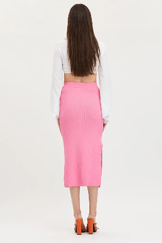 Pink Knit Skirt Midi Side Split