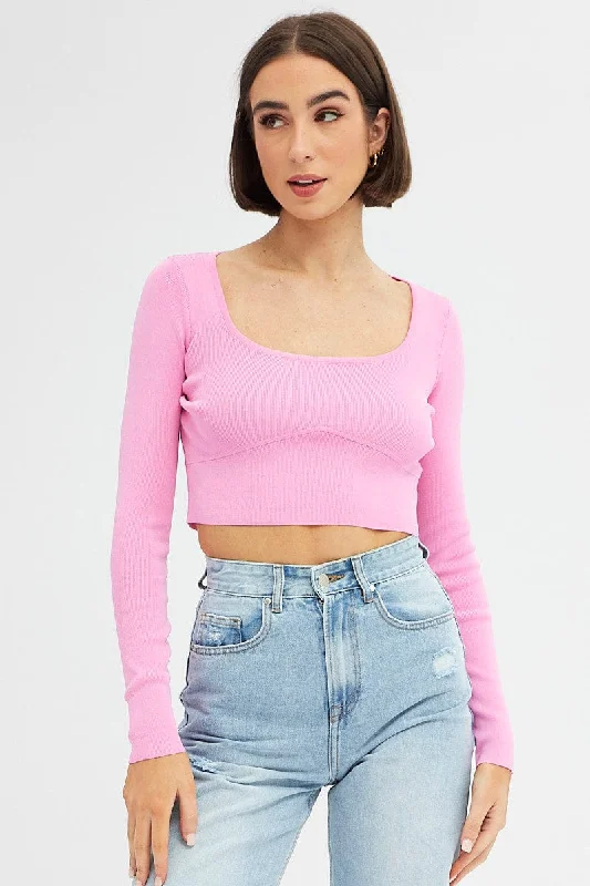 Pink Knit Top Long Sleeve Crop