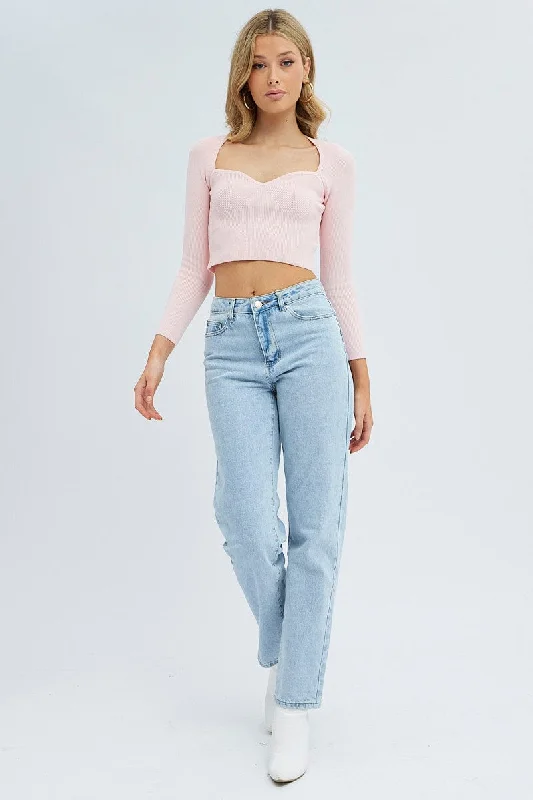 Pink Knit Top Long Sleeve Crop Sweetheart