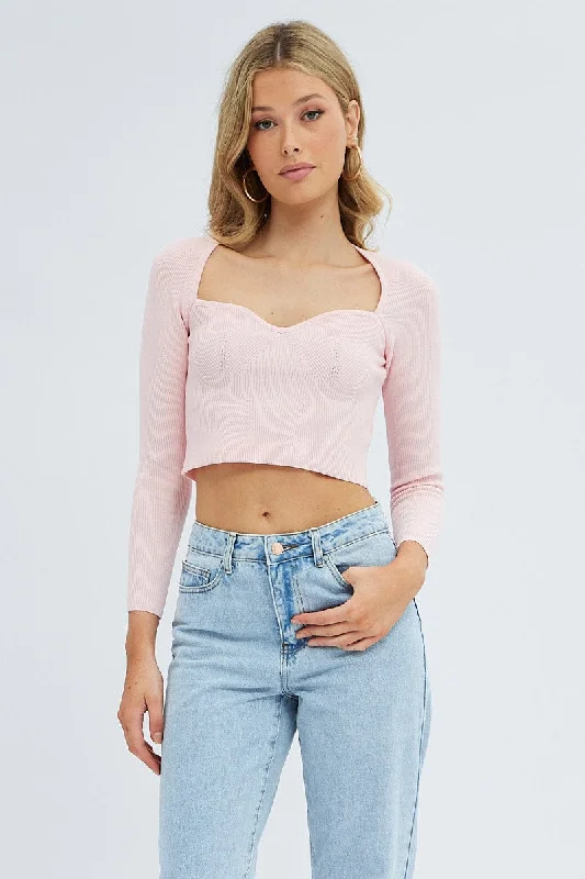 Pink Knit Top Long Sleeve Crop Sweetheart