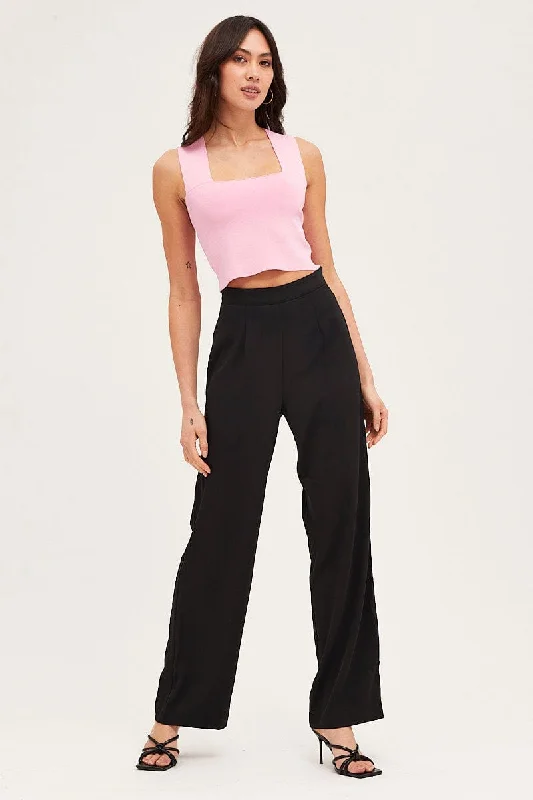 Pink Knit Top Sleeveless Crop Square Neck