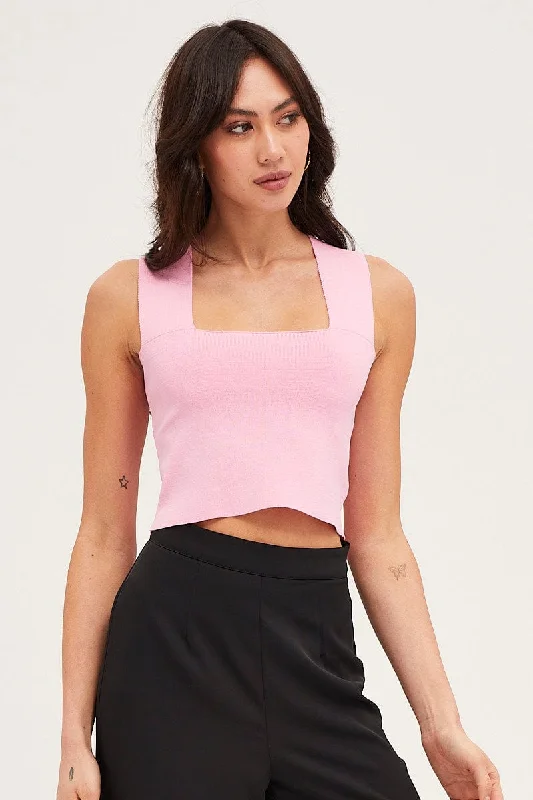 Pink Knit Top Sleeveless Crop Square Neck