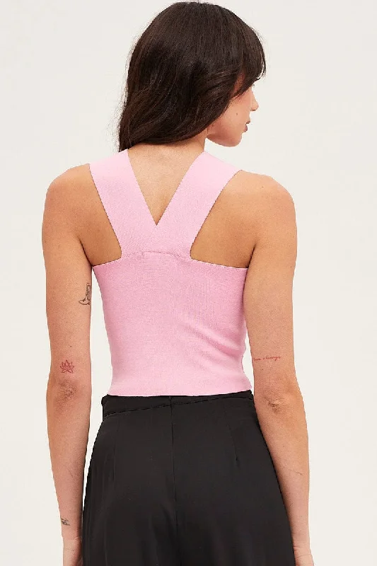 Pink Knit Top Sleeveless Crop Square Neck