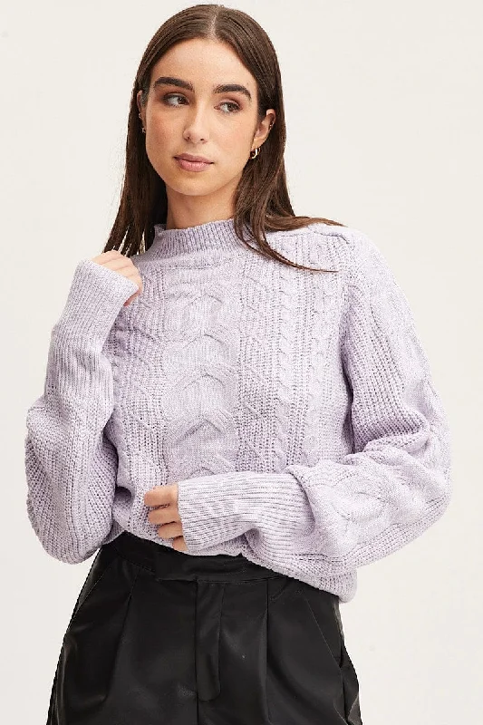 Purple Knit Top Long Sleeve Relaxed Turtleneck Cable