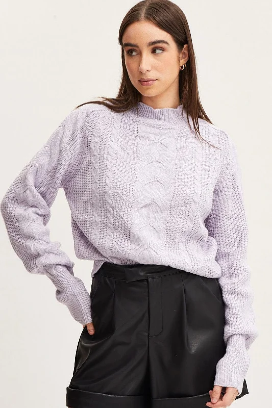 Purple Knit Top Long Sleeve Relaxed Turtleneck Cable