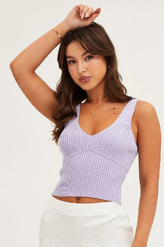 Purple Knit Top Sleeveless Crop V-Neck