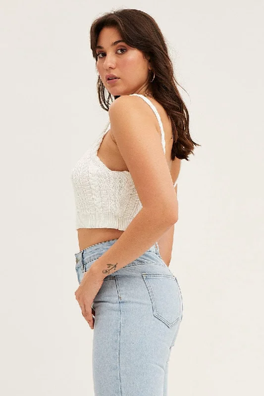 White Cable Crop Knit Top