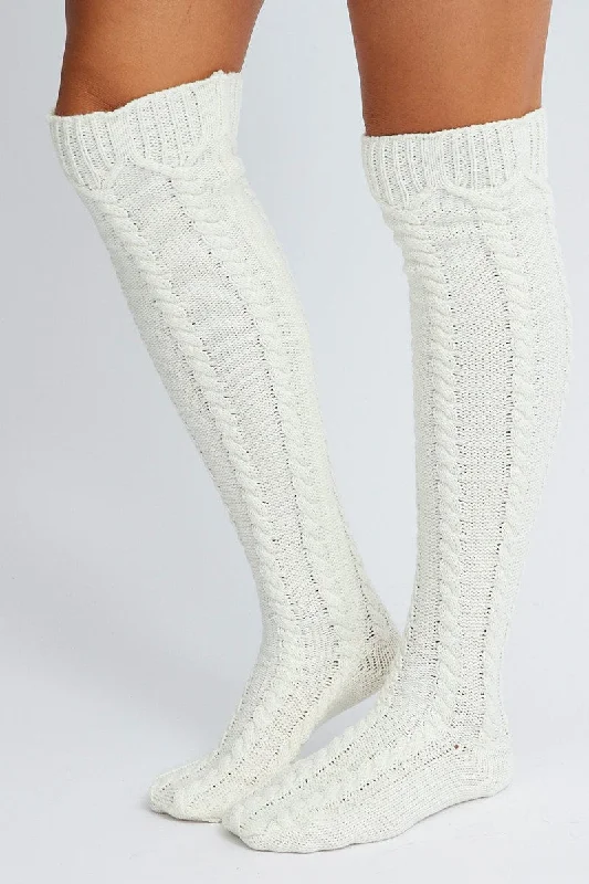 White Cable Knit Over Knee Socks