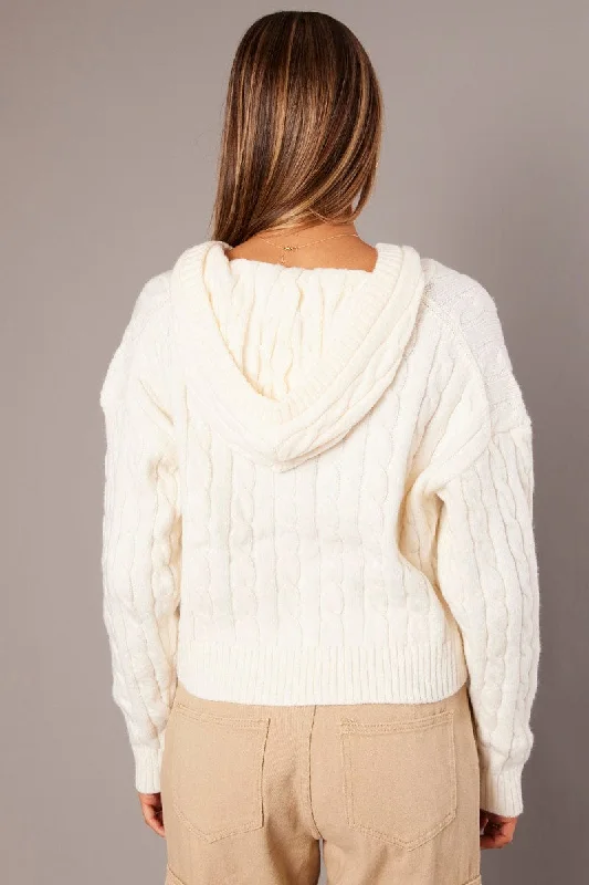 White Hooded Cardigan Long Sleeve Cable Knit Zip Up