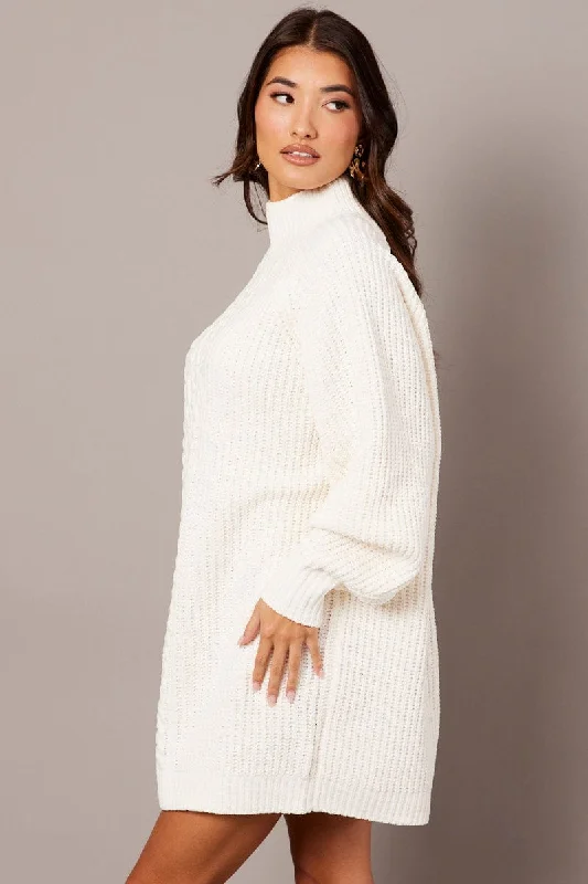 White Knit Dress High Neck Oversized Chenille