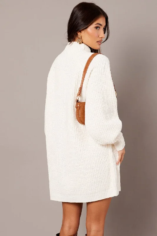 White Knit Dress High Neck Oversized Chenille