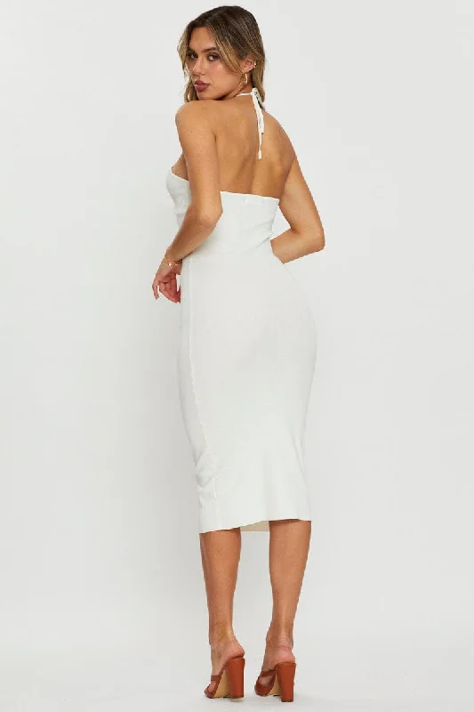 White Knit Dress Midi Halter Neck