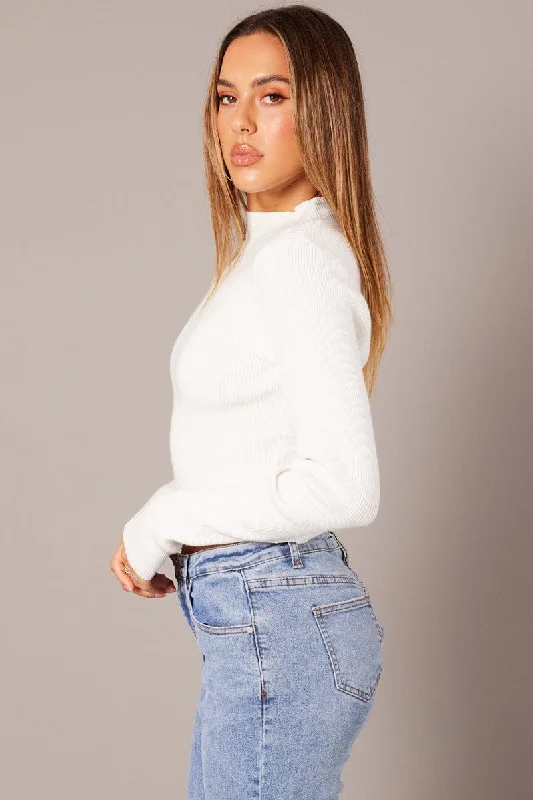 White Knit Top Long Sleeve Funnel Neck