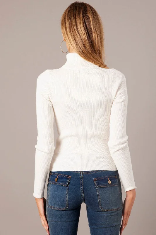 White Knit Top Long Sleeve High Neck