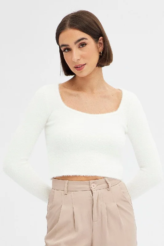 White Knit Top Long Sleeve Square Neck