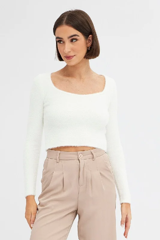 White Knit Top Long Sleeve Square Neck