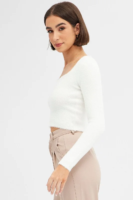 White Knit Top Long Sleeve Square Neck