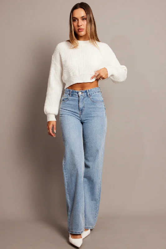 White Relaxed Jumper Long Sleeve Round Neck