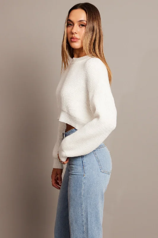 White Relaxed Jumper Long Sleeve Round Neck