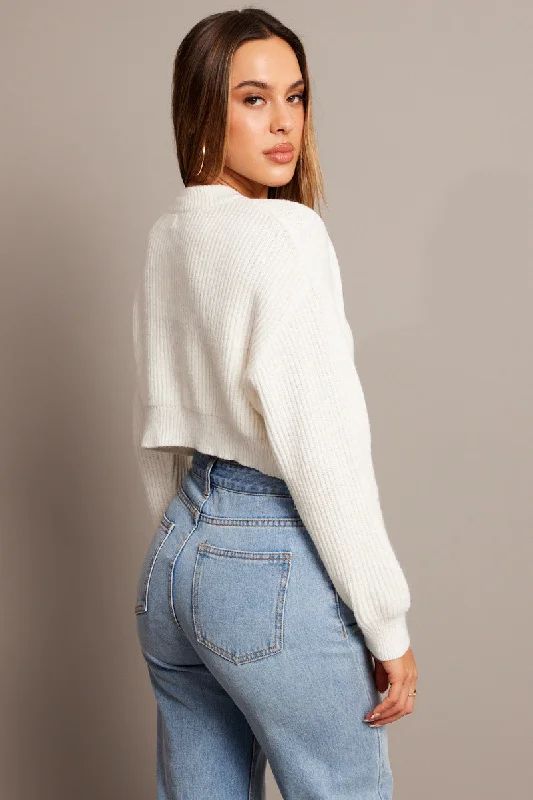 White Relaxed Jumper Long Sleeve Round Neck