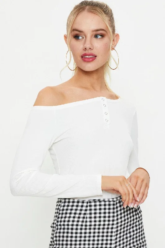 White Snap Button Off Shoulder Knit