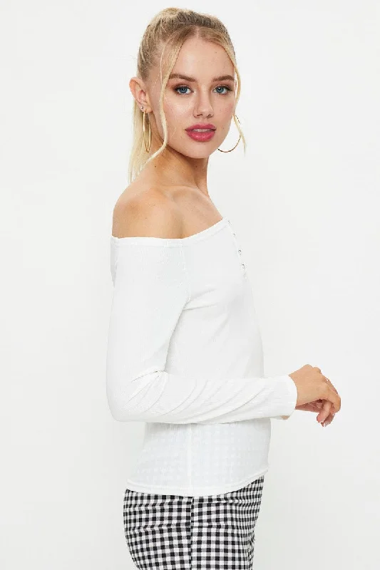 White Snap Button Off Shoulder Knit