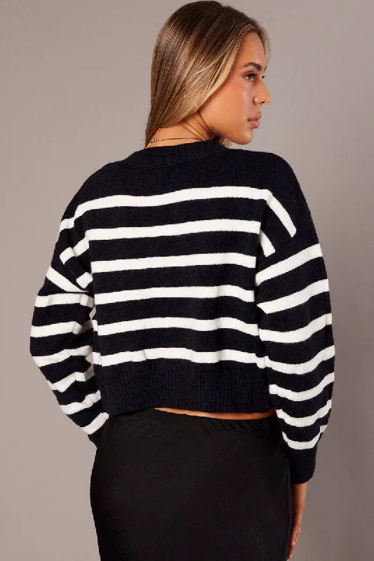 White Stripe Cardigan Long Sleeve V Neck Oversized Fit