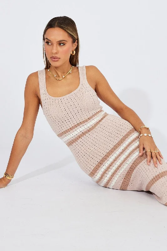 White Stripe Knit Dress Sleeveless Midi