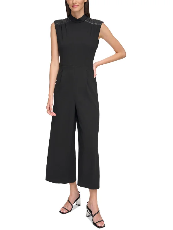 Womens Faux Leather Trim Polyester Jumpsuit