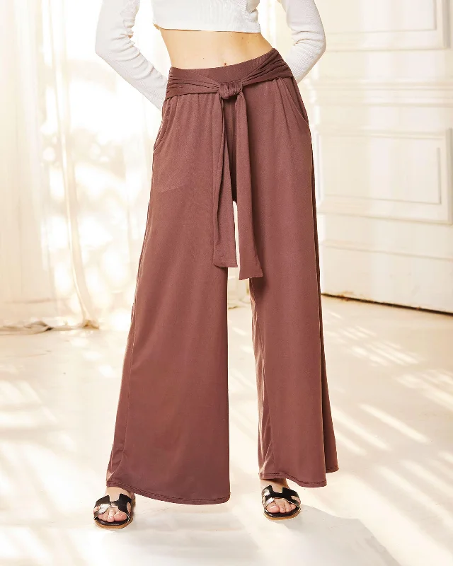 High Waisted Front Tie Wide Leg Pants - Brown