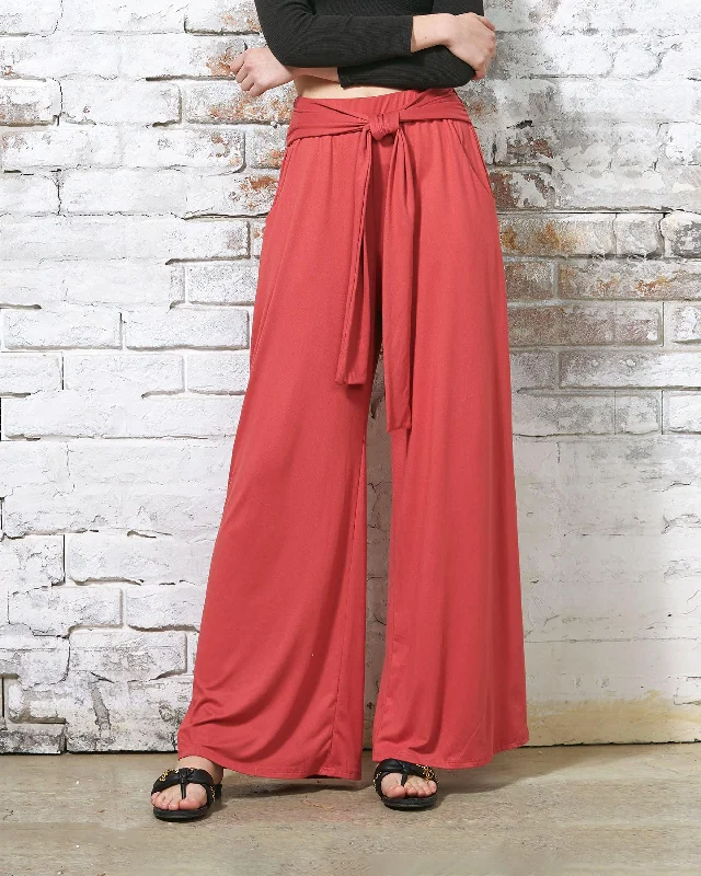 High Waisted Front Tie Wide Leg Pants - Cognac