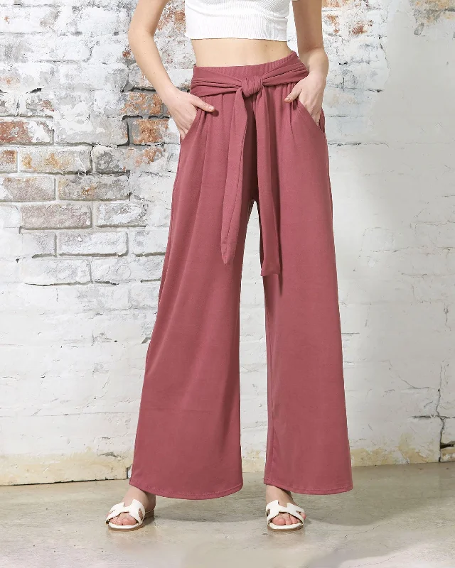 High Waisted Front Tie Wide Leg Pants - DK.Marsala