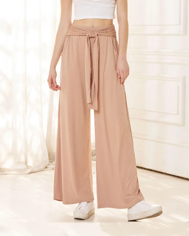 High Waisted Front Tie Wide Leg Pants - Mocha