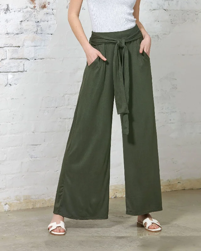 High Waisted Front Tie Wide Leg Pants - Olive