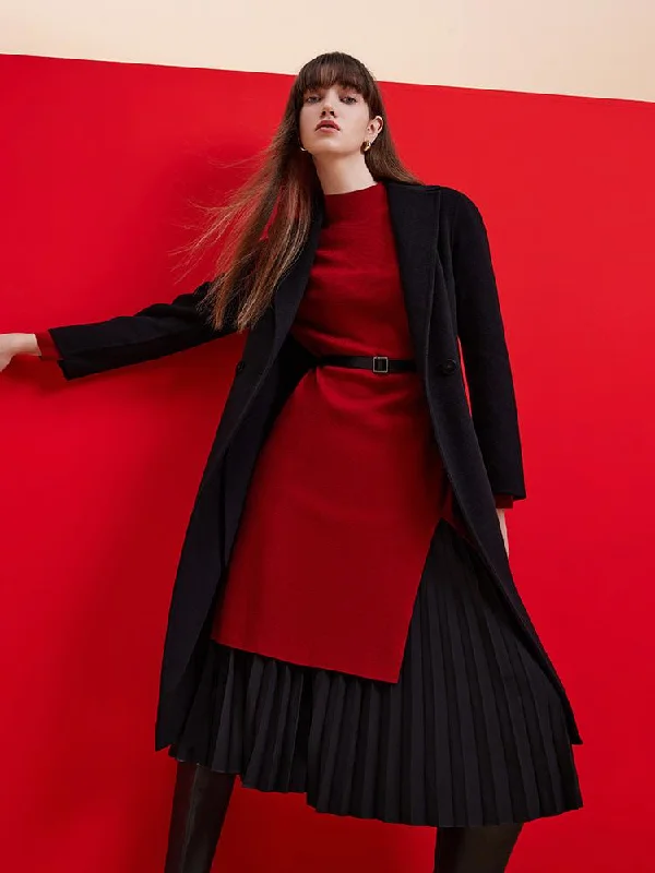 Black Wool And Cashmere Notched Lapel Women Coat